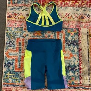 Fabletics Teal and Neon Yellow Strappy Sports Bra & Shorts Set